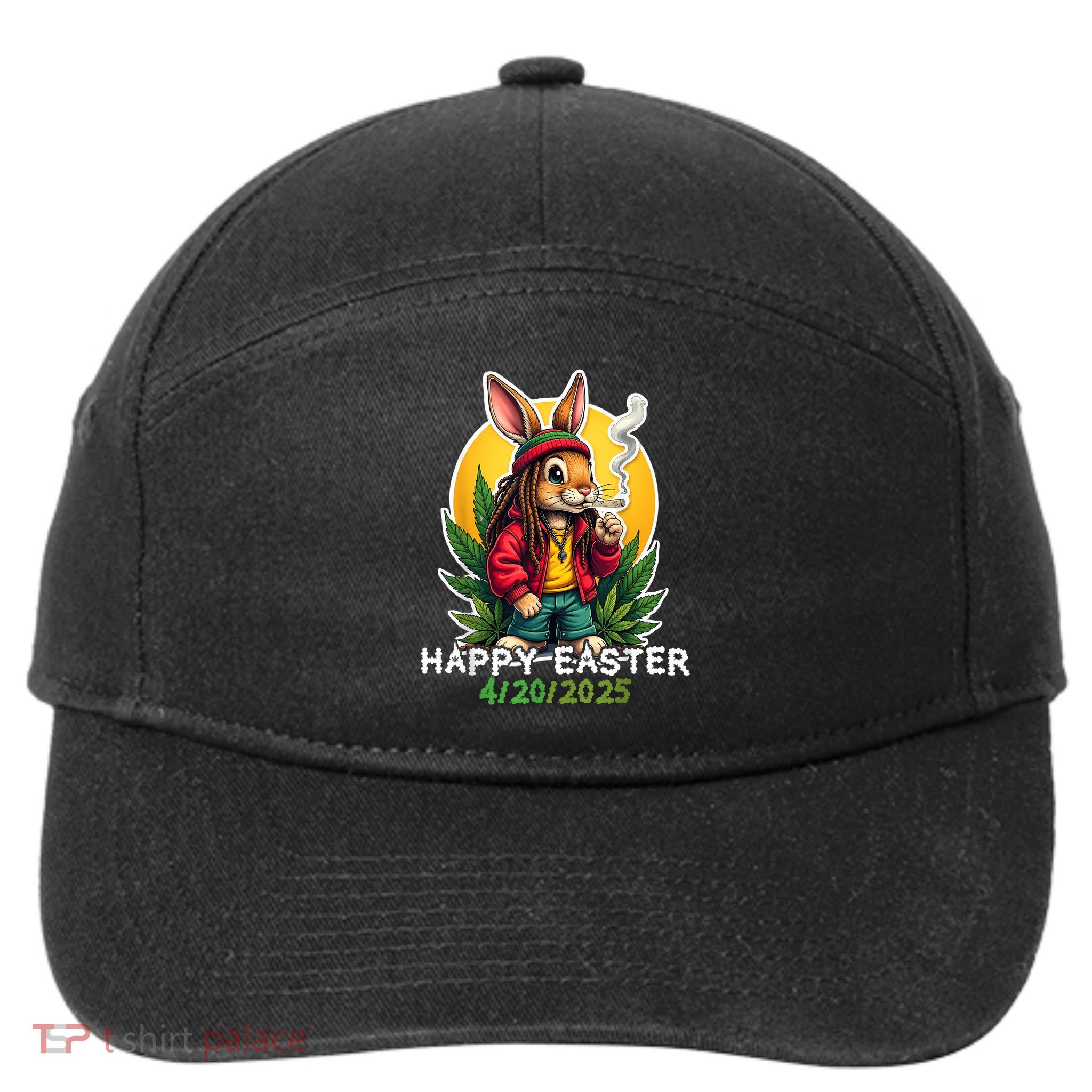 Stoned Easter bunny with joint 420 Marijuana Easter 420 7-Panel Snapback Hat