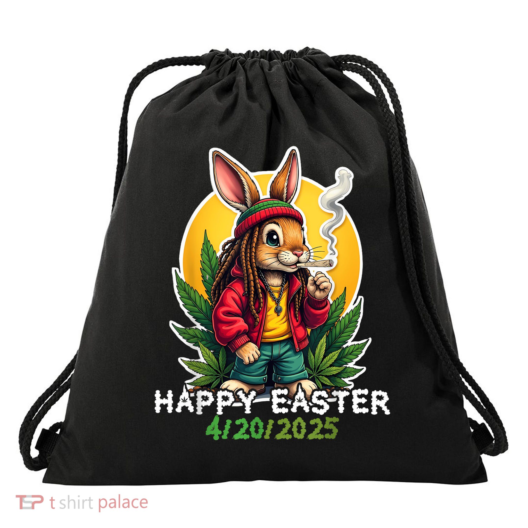 Stoned Easter bunny with joint 420 Marijuana Easter 420 Drawstring Bag