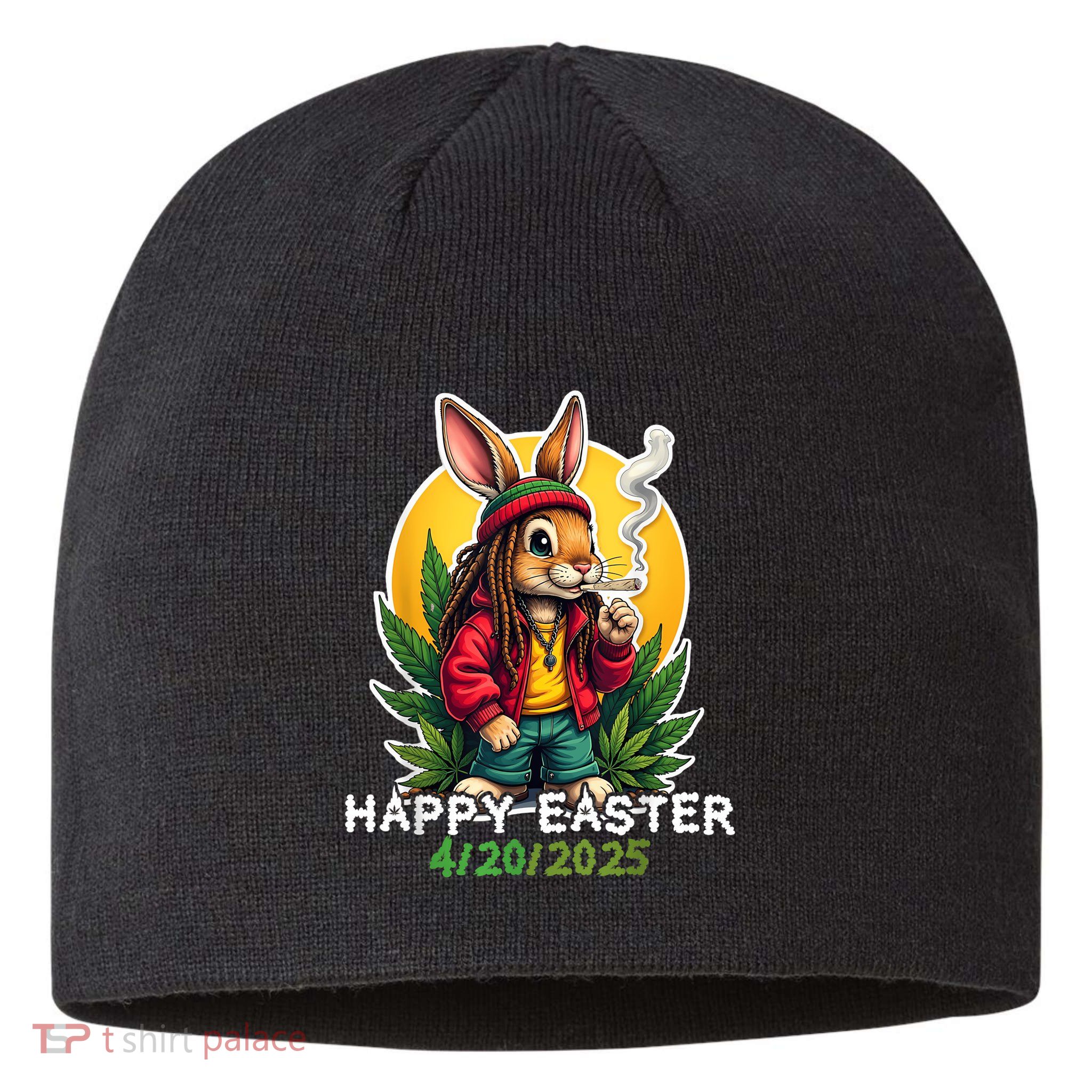 Stoned Easter bunny with joint 420 Marijuana Easter 420 Sustainable Beanie
