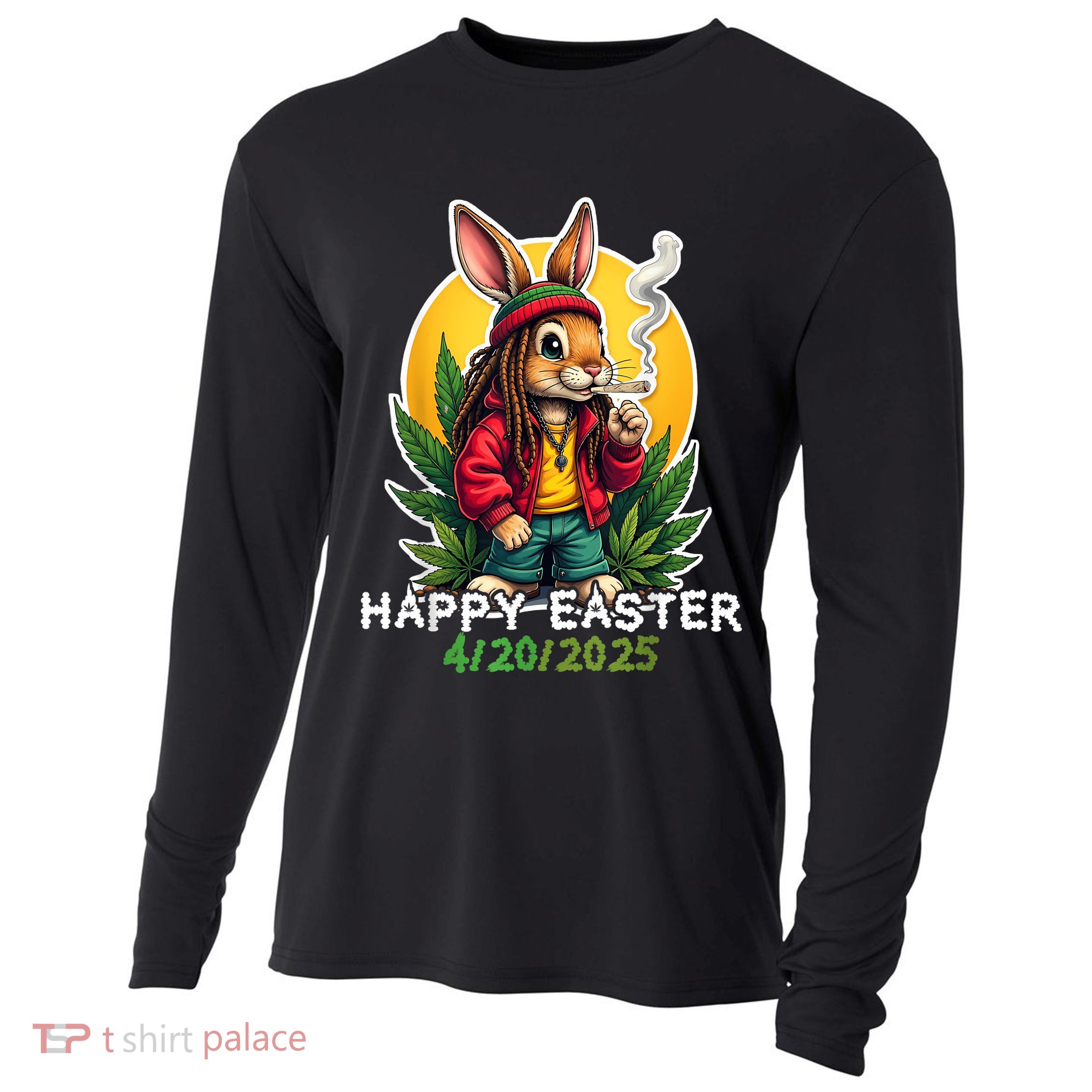 Stoned Easter bunny with joint 420 Marijuana Easter 420 Cooling Performance Long Sleeve Crew