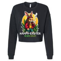 Stoned Easter bunny with joint 420 Marijuana Easter 420 Cropped Pullover Crew