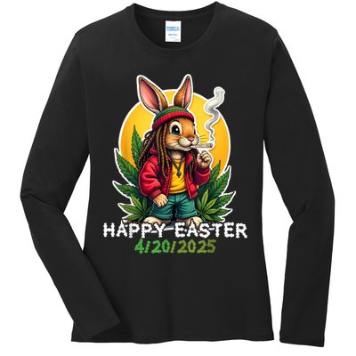 Stoned Easter bunny with joint 420 Marijuana Easter 420 Ladies Long Sleeve Shirt