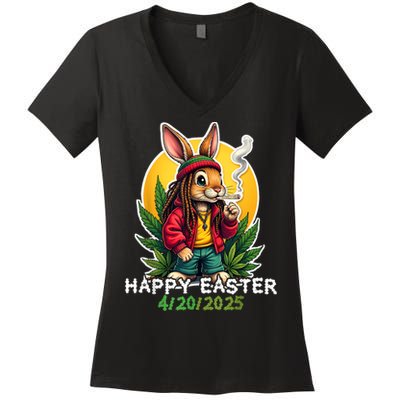 Stoned Easter bunny with joint 420 Marijuana Easter 420 Women's V-Neck T-Shirt
