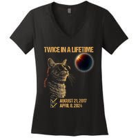 Solar Eclipse Cat Twice In Lifetime 2024 Solar Eclipse Women's V-Neck T-Shirt