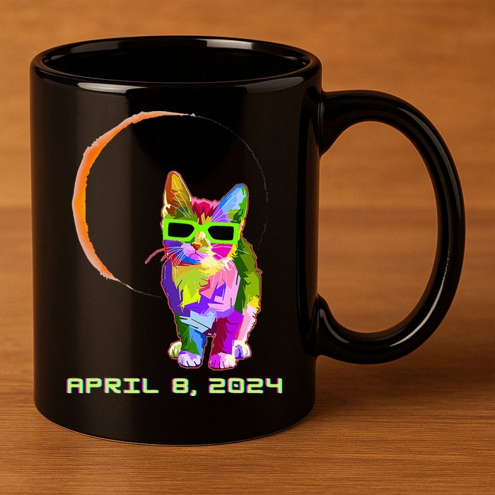 Solar Eclipse Cat with Solar Eclipse Glasses 11oz C Handle Ceramic Mug