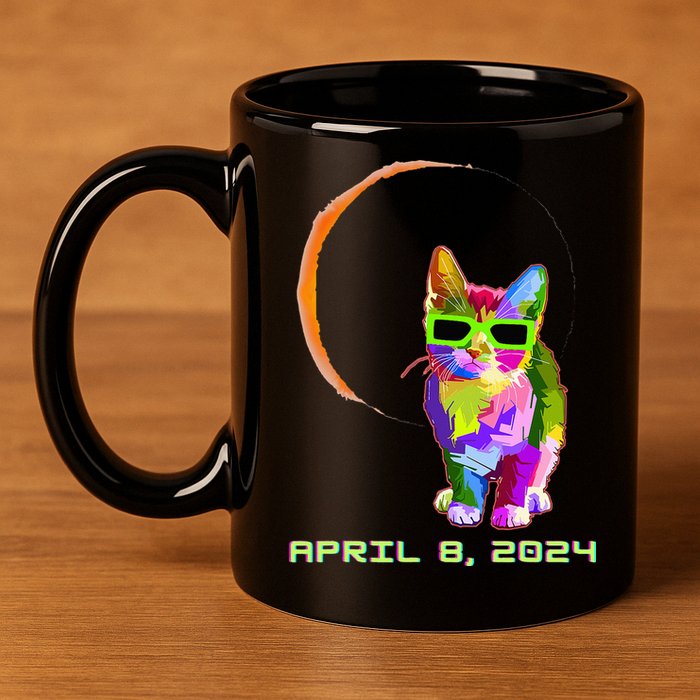 Solar Eclipse Cat with Solar Eclipse Glasses 11oz C Handle Ceramic Mug
