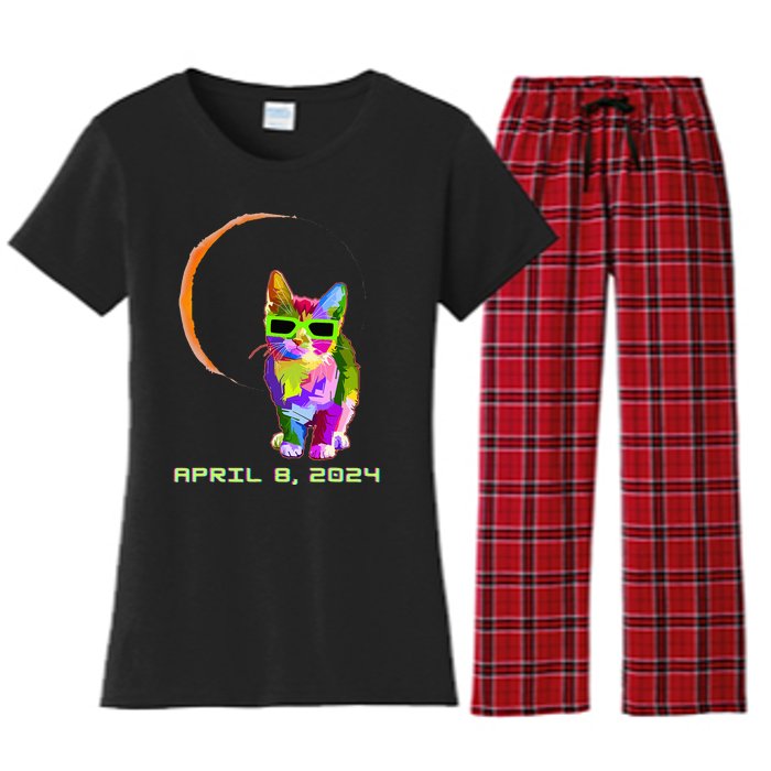 Solar Eclipse Cat with Solar Eclipse Glasses Women's Flannel Pajama Set