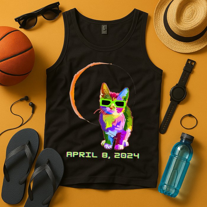 Solar Eclipse Cat with Solar Eclipse Glasses Tank Top