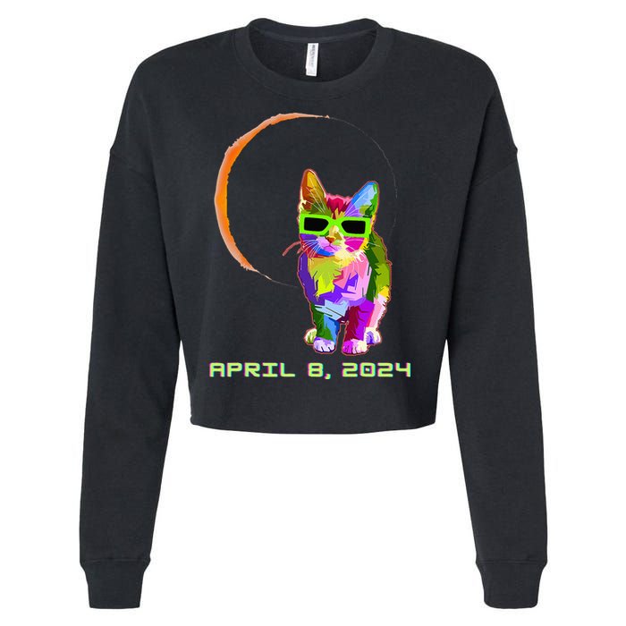 Solar Eclipse Cat with Solar Eclipse Glasses Cropped Pullover Crew