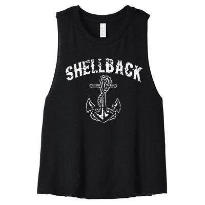 Shellback Equator Crossing Pirate Skull Distressed Design Women's Racerback Cropped Tank