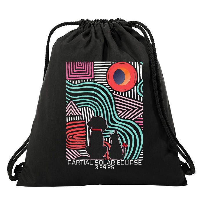Solar Eclipse Cat Dog 2025 Partial Solar Eclipse 03.29.25 Drawstring Bag