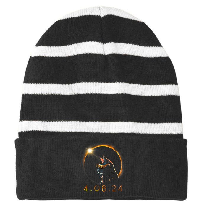 Solar Eclipse Cat Wearing Solar Eclipse Glasses Striped Beanie with Solid Band