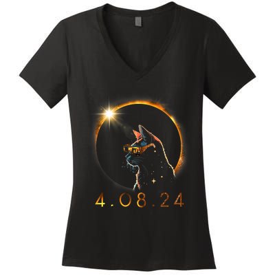 Solar Eclipse Cat Wearing Solar Eclipse Glasses Women's V-Neck T-Shirt