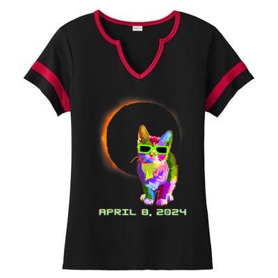 Solar Eclipse Cat Wearing Solar Eclipse Glasses Ladies Halftime Notch Neck Tee