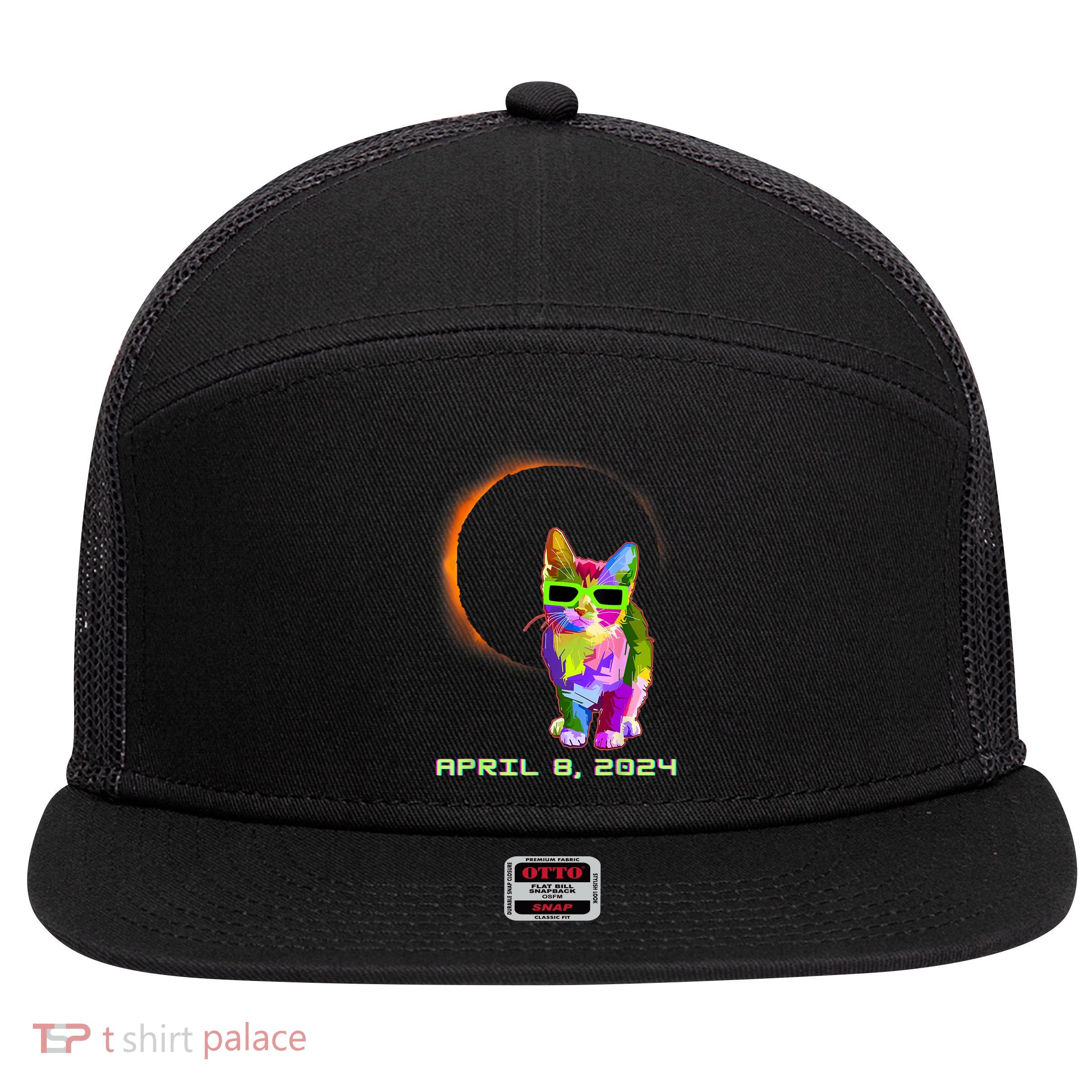 Solar Eclipse Cat Wearing Solar Eclipse Glasses 7 Panel Mesh Trucker Snapback Hat