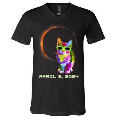 Solar Eclipse Cat Wearing Solar Eclipse Glasses V-Neck T-Shirt