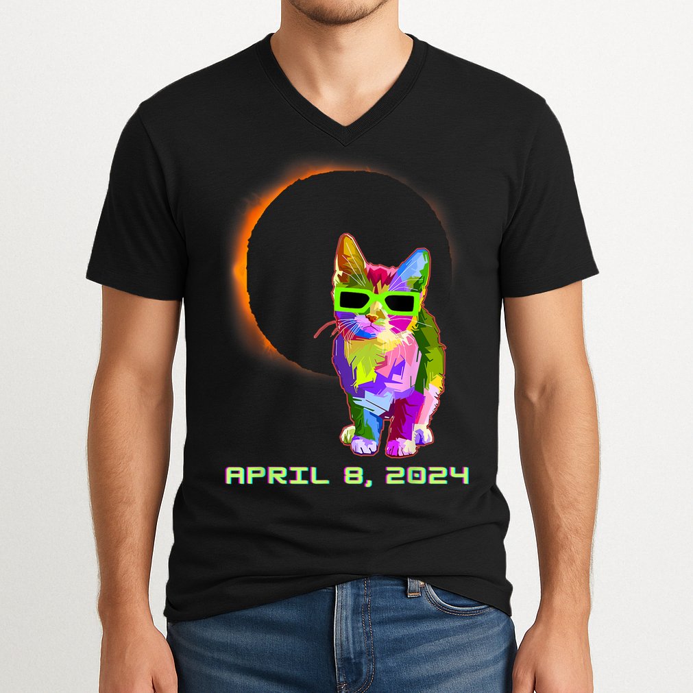 Solar Eclipse Cat Wearing Solar Eclipse Glasses V-Neck T-Shirt