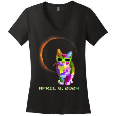 Solar Eclipse Cat Wearing Solar Eclipse Glasses Women's V-Neck T-Shirt