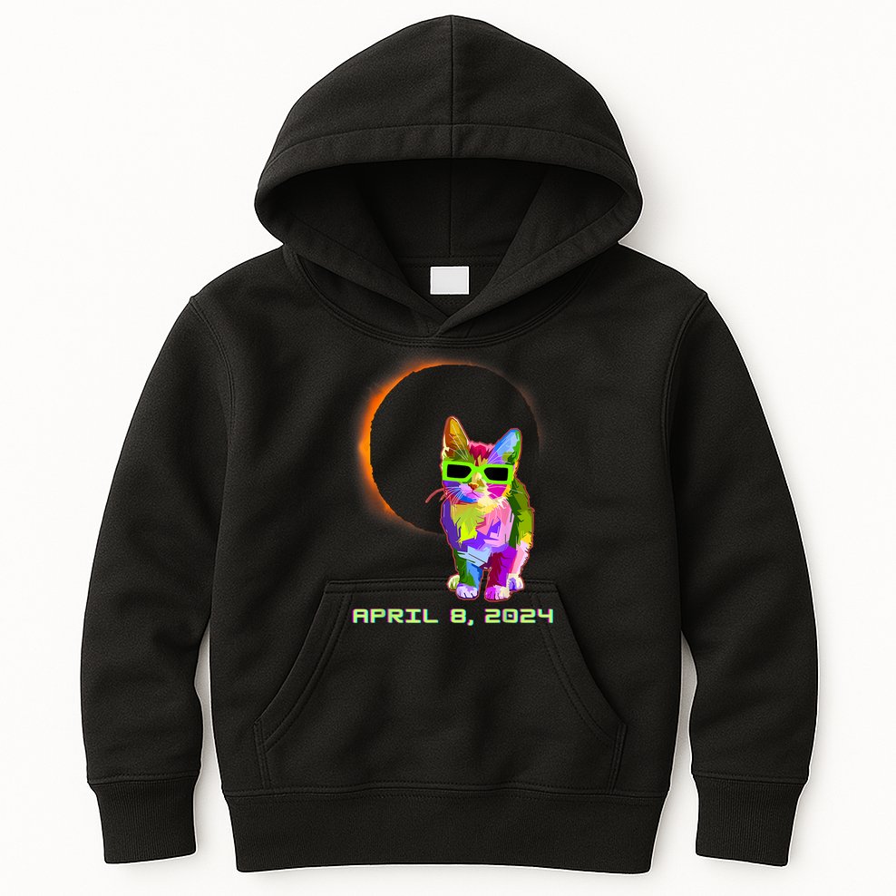 Solar Eclipse Cat Wearing Solar Eclipse Glasses Kids Hoodie