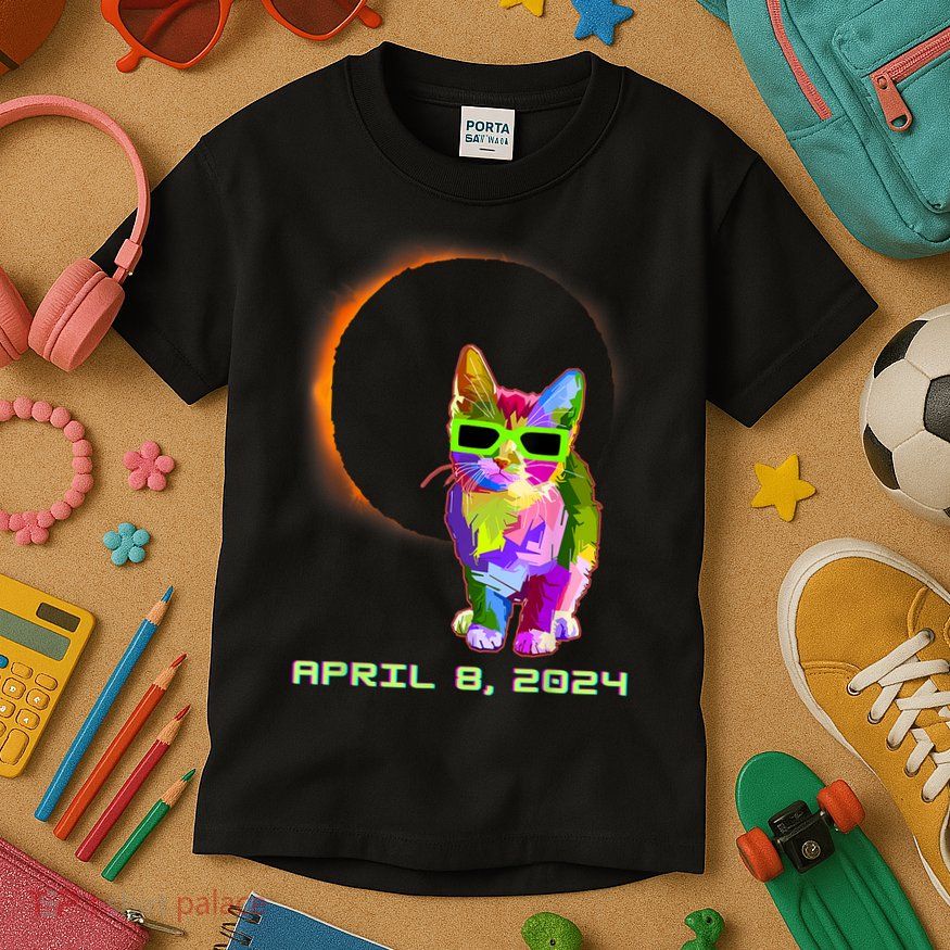 Solar Eclipse Cat Wearing Solar Eclipse Glasses Kids T-Shirt