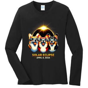 Solar Eclipse Corgi Wearing Glasses April 8 2024 Totality Ladies Long Sleeve Shirt