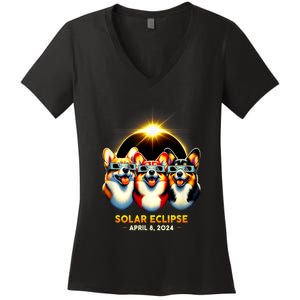 Solar Eclipse Corgi Wearing Glasses April 8 2024 Totality Women's V-Neck T-Shirt