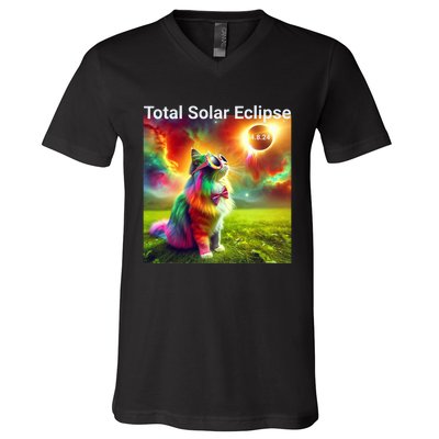 Solar Eclipse Cat Wearing Solar Eclipse Glasses 2024 V-Neck T-Shirt