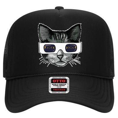 Solar Eclipse Cat Wearing Solar Eclipse Glasses High Crown Mesh Back Trucker Hat