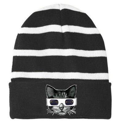 Solar Eclipse Cat Wearing Solar Eclipse Glasses Striped Beanie with Solid Band