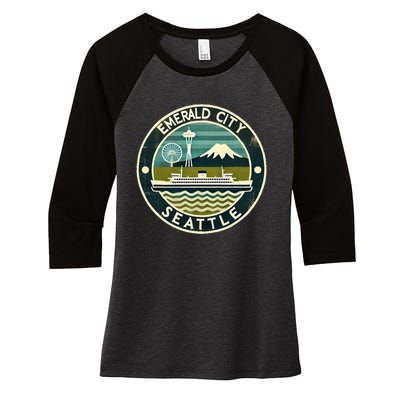 Seattle Emerald City Washington Usa Vintage Women's Tri-Blend 3/4-Sleeve Raglan Shirt