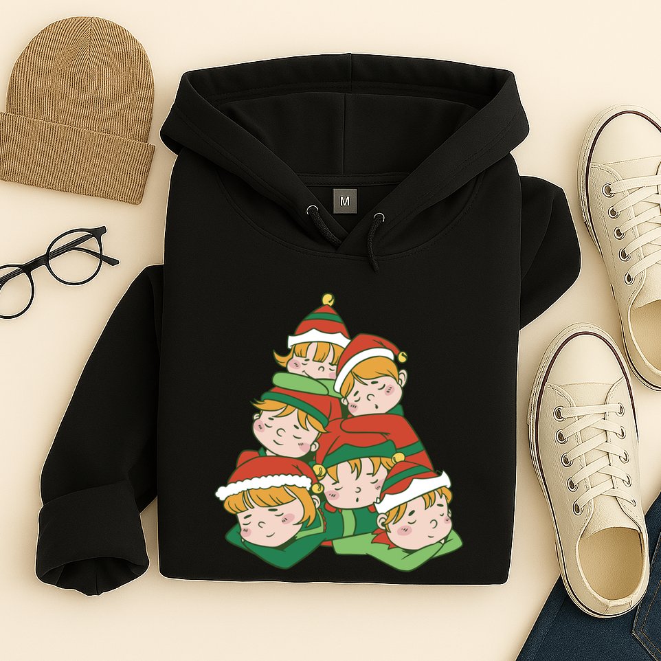 Sleepy Elves Cute Christmas Holiday Hoodie