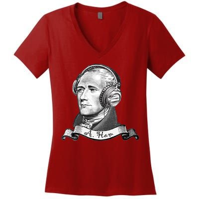 Secretary Alexander Hamilton A. Ham Headphones Women's V-Neck T-Shirt