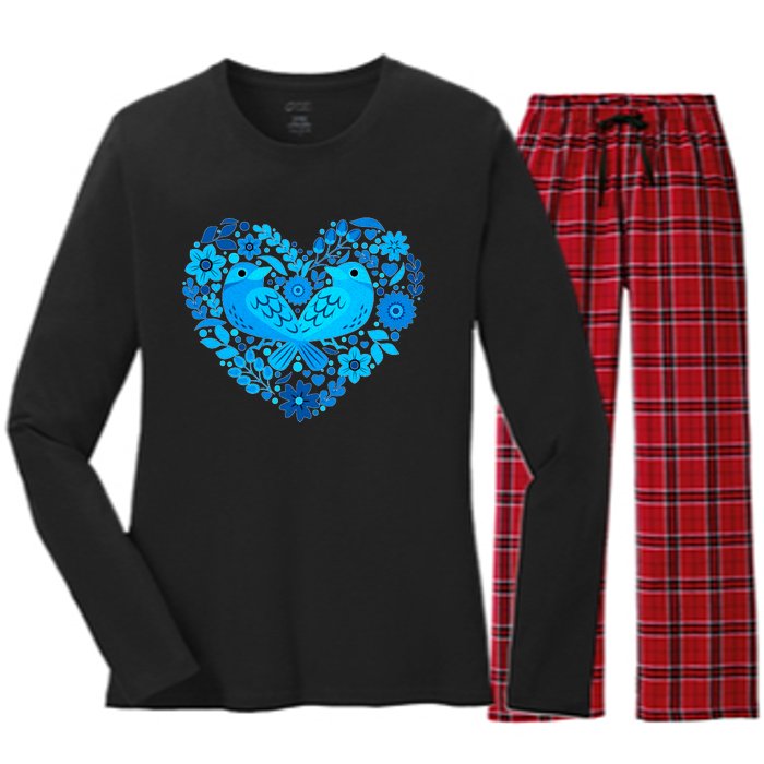 Secrets Blur Bird Heart Women's Long Sleeve Flannel Pajama Set 