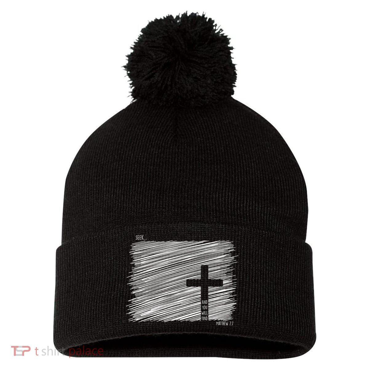 Seek And You Will Find Matthew 7:7 Pom Pom 12in Knit Beanie