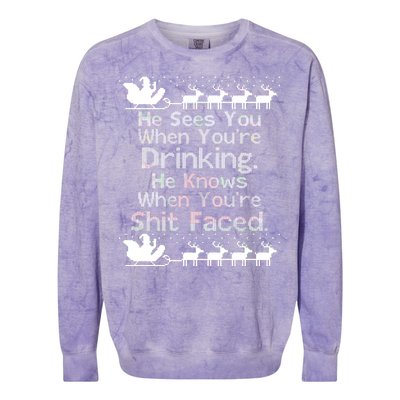 Sees You When You're Drinking Knows When You're Shit Faced Ugly Christmas Colorblast Crewneck Sweatshirt