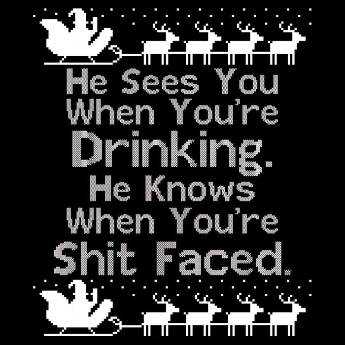 Sees You When You're Drinking Knows When You're Shit Faced Ugly Christmas Drawstring Bag