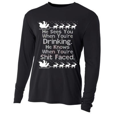 Sees You When You're Drinking Knows When You're Shit Faced Ugly Christmas Cooling Performance Long Sleeve Crew