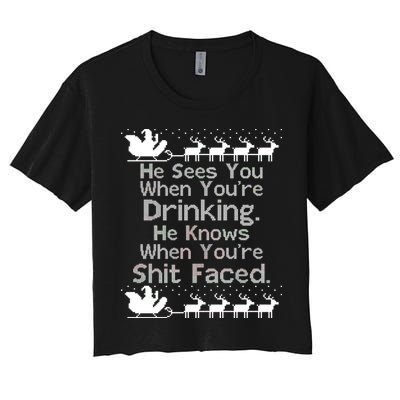 Sees You When You're Drinking Knows When You're Shit Faced Ugly Christmas Crop Top