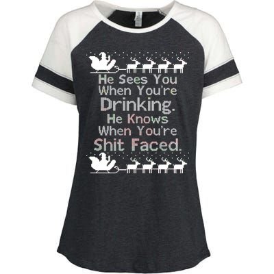 Sees You When You're Drinking Knows When You're Shit Faced Ugly Christmas Enza Ladies Jersey Colorblock Tee