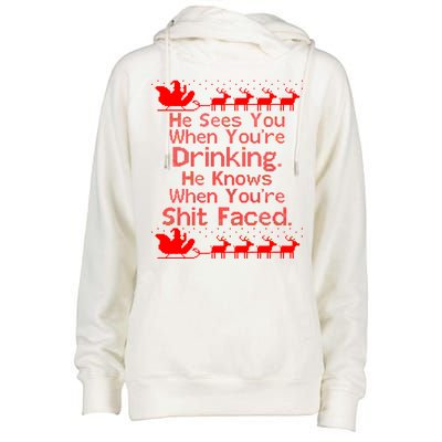 Sees You When You're Drinking Knows When You're Shit Faced Ugly Christmas Womens Funnel Neck Pullover Hood