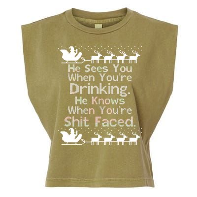 Sees You When You're Drinking Knows When You're Shit Faced Ugly Christmas Garment-Dyed Women's Muscle Tee