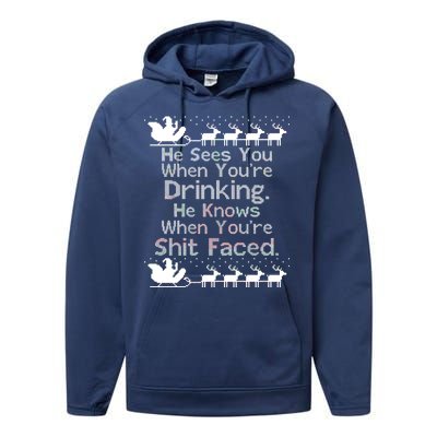 Sees You When You're Drinking Knows When You're Shit Faced Ugly Christmas Performance Fleece Hoodie