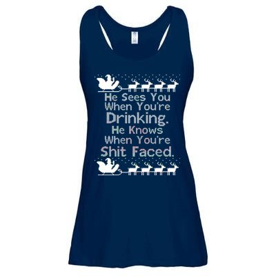 Sees You When You're Drinking Knows When You're Shit Faced Ugly Christmas Ladies Essential Flowy Tank