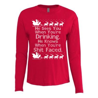 Sees You When You're Drinking Knows When You're Shit Faced Ugly Christmas Womens Cotton Relaxed Long Sleeve T-Shirt