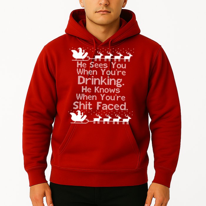 Sees You When You're Drinking Knows When You're Shit Faced Ugly Christmas Hoodie
