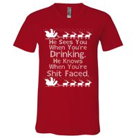 Sees You When You're Drinking Knows When You're Shit Faced Ugly Christmas V-Neck T-Shirt