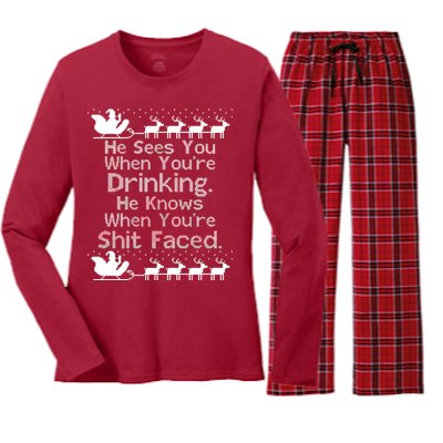 Sees You When You're Drinking Knows When You're Shit Faced Ugly Christmas Women's Long Sleeve Flannel Pajama Set 