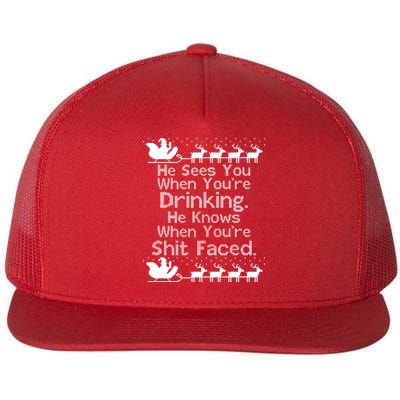 Sees You When You're Drinking Knows When You're Shit Faced Ugly Christmas Flat Bill Trucker Hat