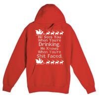 Sees You When You're Drinking Knows When You're Shit Faced Ugly Christmas Premium Pullover Hoodie