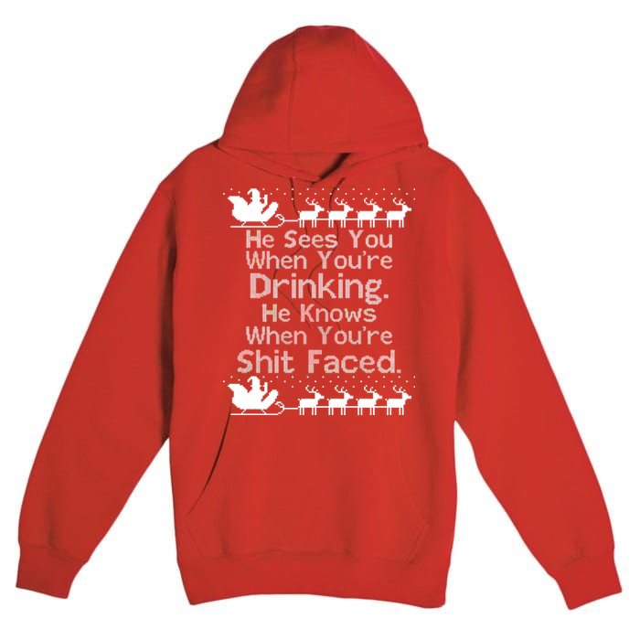 Sees You When You're Drinking Knows When You're Shit Faced Ugly Christmas Premium Pullover Hoodie